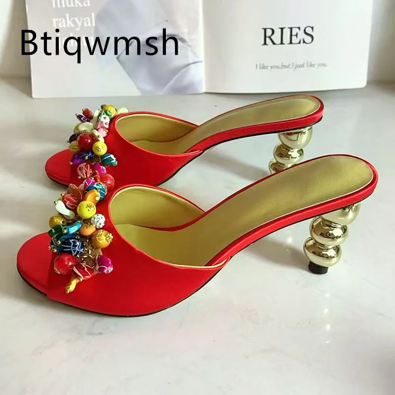 

Pink Luxury Satin Rhinestone Sandals Woman Open Toe Gold Strange High Heel Shoes Lady Sexy Mullers Slippers