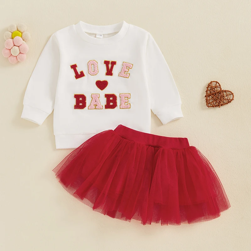 Kids Girls Valentine Day Set Long Sleeve Embroidery Letters Sweatshirt Tops with Tulle Skirt 2-piece Outfit