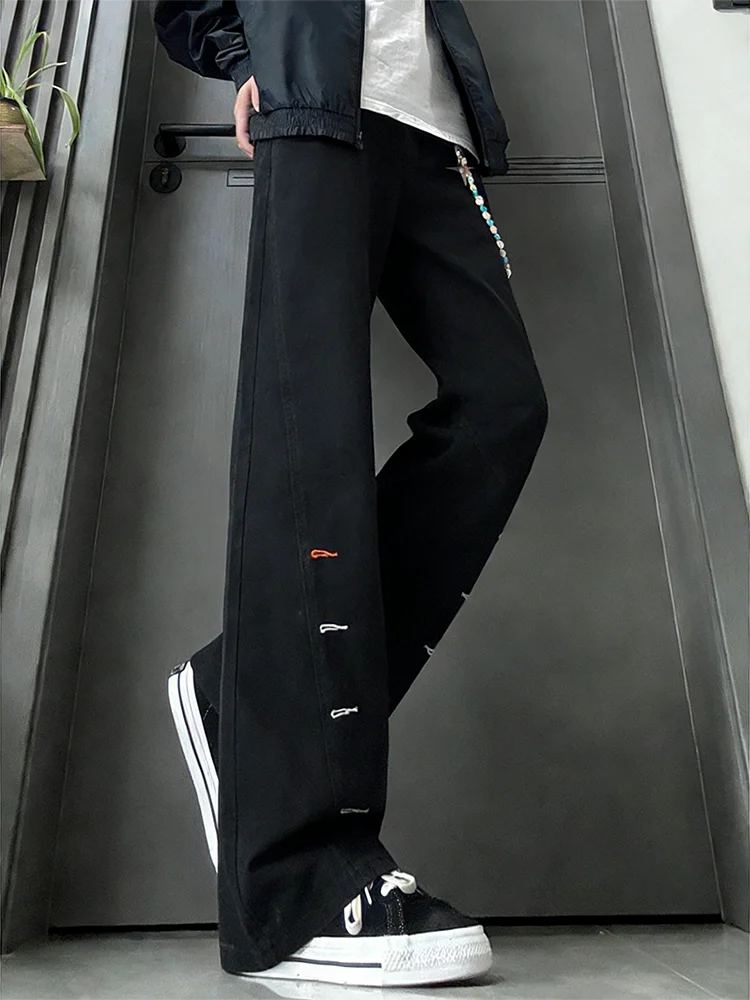 American Style Slanted  Embroidery Knife  Jeans Men Women Design Sense Vibe Straight Leg Micro Flare Pants Semi-E...