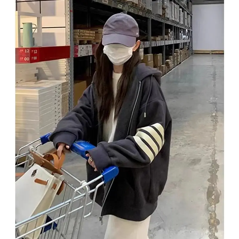 

Faionable Oversized Hoodie Sweatirt Stripe Loose Fit Commute Sle Korean Version Mid-Length Zipper Closure Long Sve