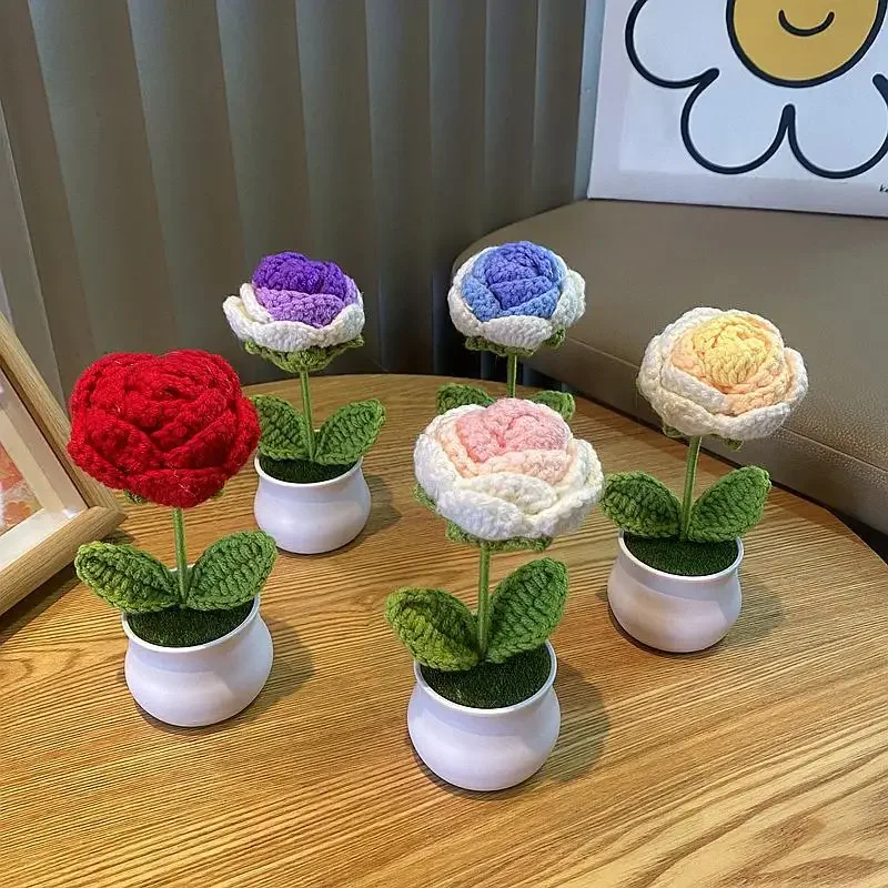 DIY Crocheting Rose Potted Crochet Flower Knitting Yarn Artificial Flower Bouquet Gift Completed Crochet Finished Products