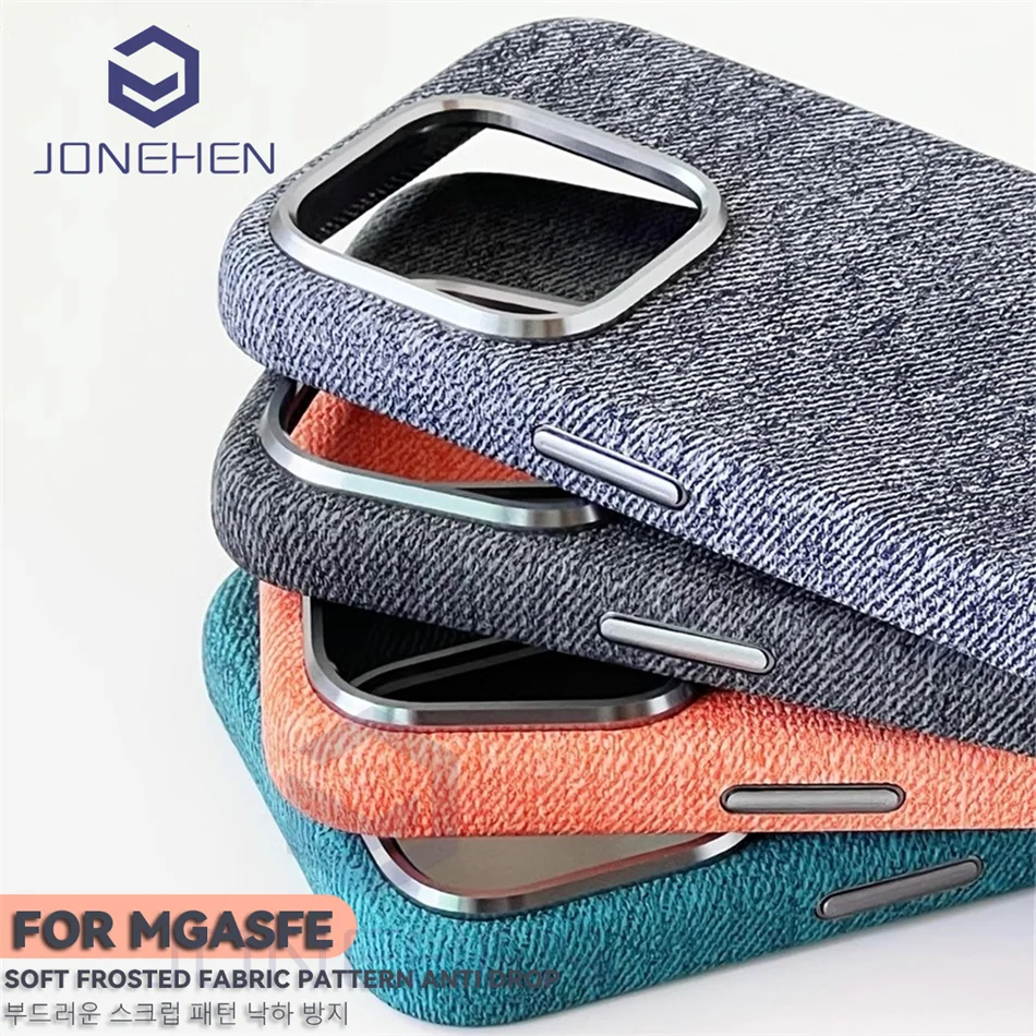 Magnetic Denim Fabric MagSafe Phone Case For iPhone 12 13 14 15 Pro Max 15pro Alloy Len Wireless Charge Leather Shockproof Cover