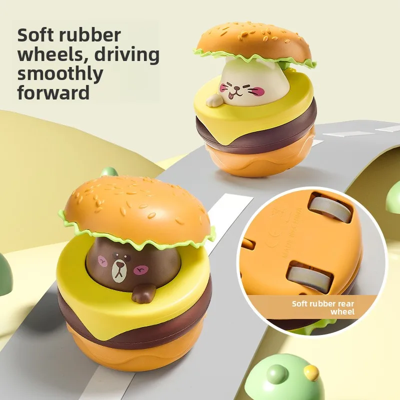 Peuter Druk en Glijbaan Hamburger Auto Speelgoed Inertie Trek Auto Speelgoed Cartoon Beer Kat Hond Hamburger Vorm Druk Glijbaan Speelgoed