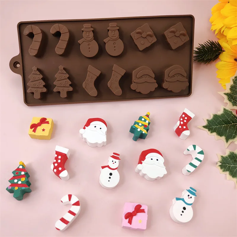 12-Cavity Xmas Silicone Candy Mold Santa Tree Gift Box Cane Shapes For Chocolate Ice Cubes Dessert Baking DIY Treats
