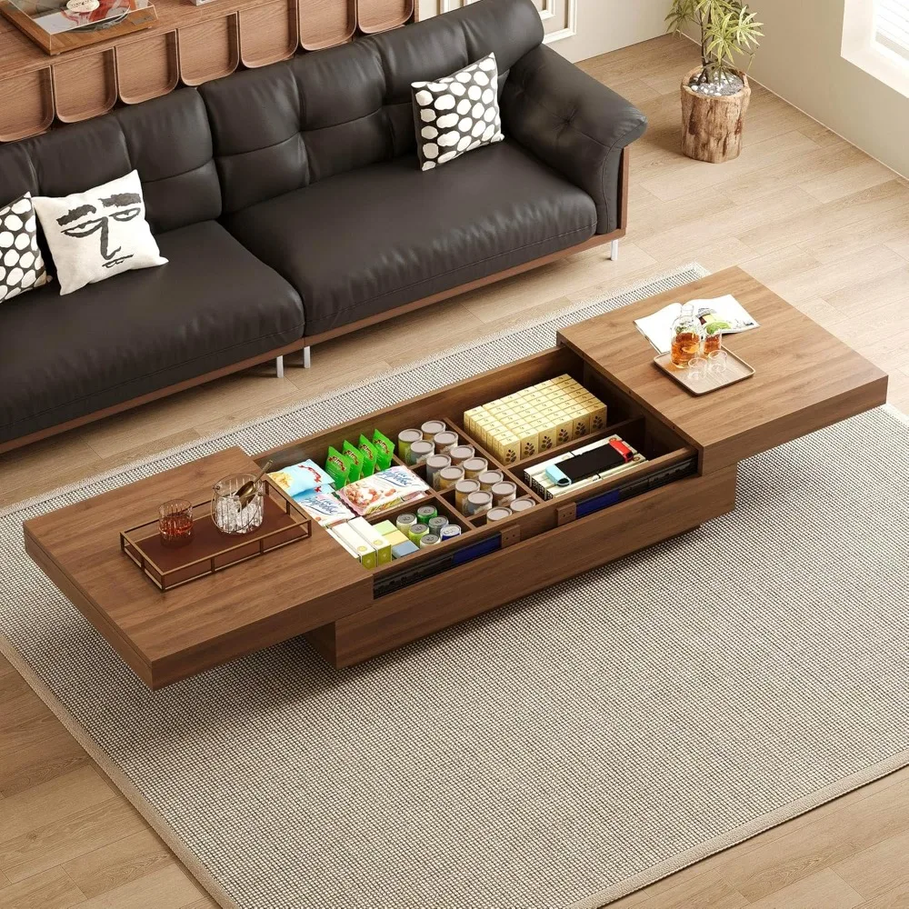 طاولة قهوة حديثة قابلة للتوسيع، 47.2-81.8 طاولة مركزية من خشب الجوز قابلة للتعديل مع مساحة تخزين مخفية كبيرة لغرفة المعيشة