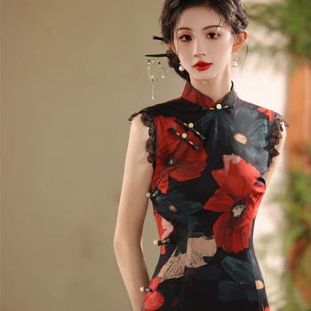 여성용 개량 민소매 치파오, 중국 레트로 올드 상하이 프린트 치파오 원피스, 고급스러운 분위기 있는 이브닝 가운, 젊은 스타일