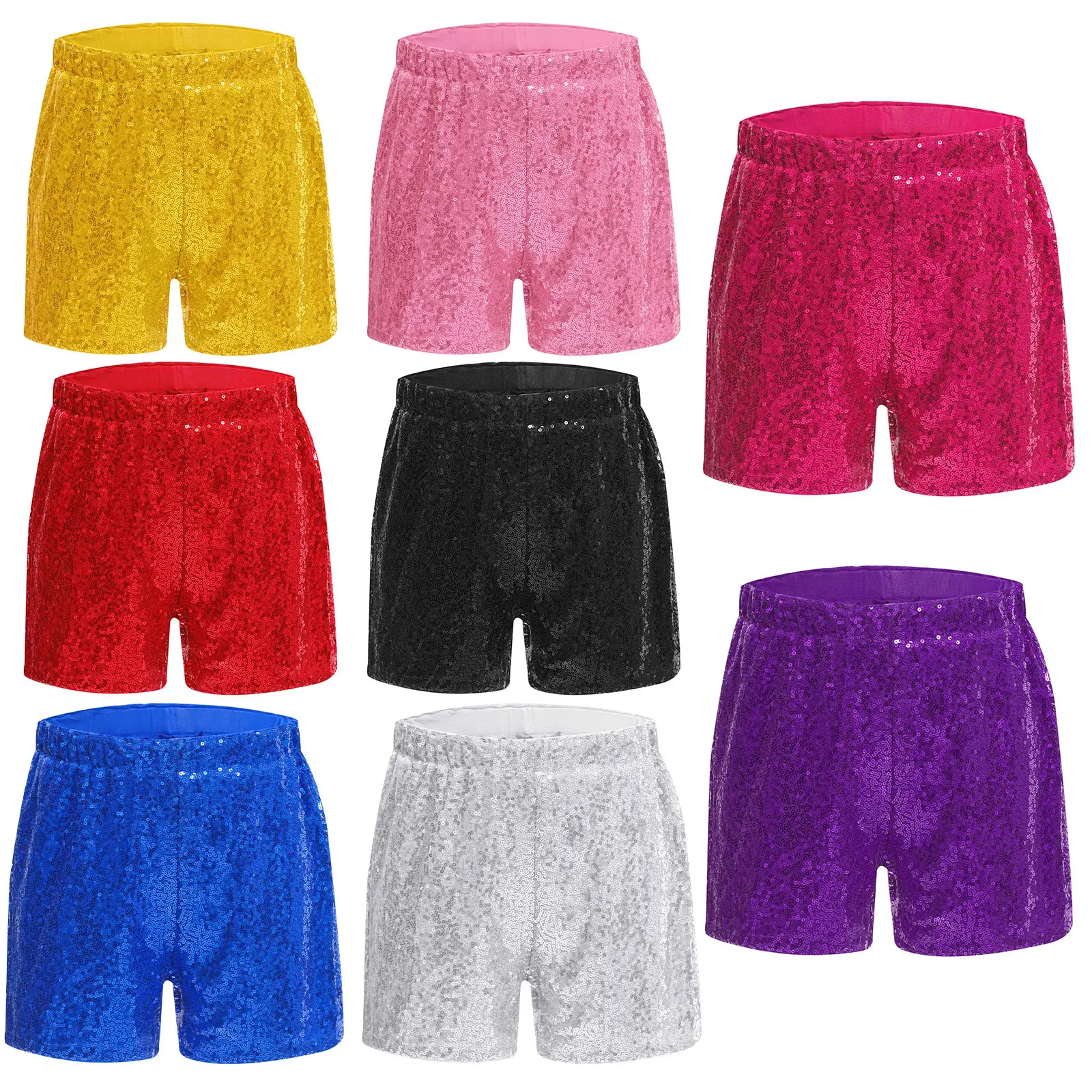 Kids Girls Sequin Shorts Elastic Waistband Sparkly Glitter Straight Short Pants Jazz Dance Cheerleading Performance Streetwear