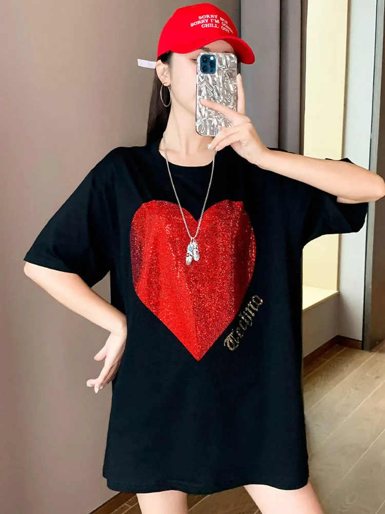 Hot Drilling Love Black T-shirt Female Short Sleeve Tshirt Loose Casual Cotton Top Lady 2022 New Summer T Shirts 40-150KG