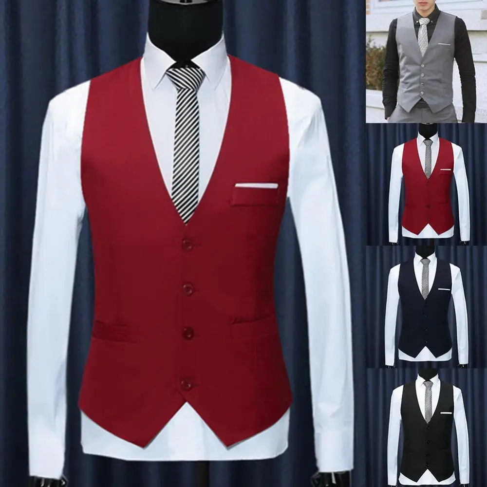 Fashion Office Men Solid Color V Neck Sleeveless Button Waistcoat Vest Business Vest Workwear Fake Pocket Formal Vests