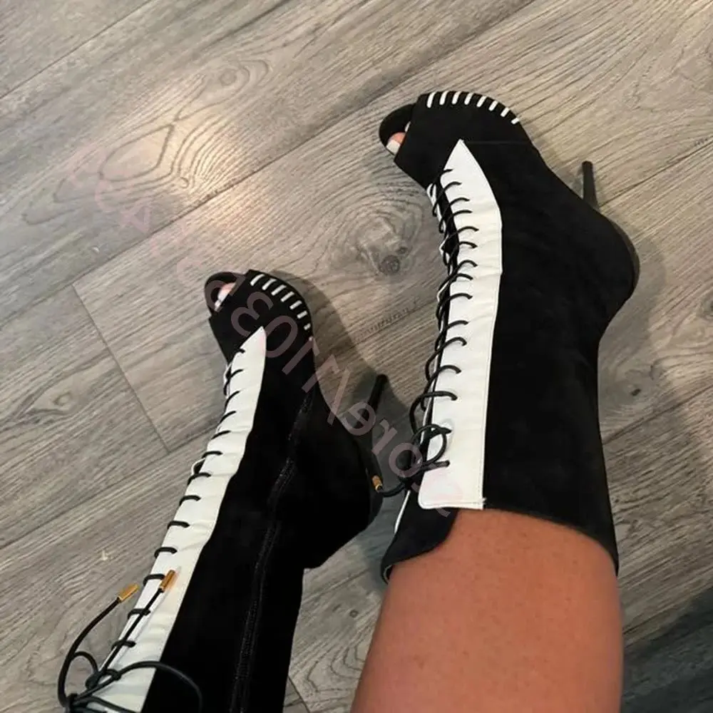 

Women's Platform Lace-Up Peep-Toe High Heels Black White Zip Casual Long Boots Autumn 2025 Sexy Runway Fashion Party