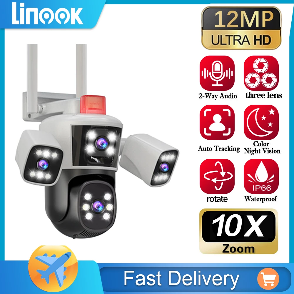 

Linook,12MP,6K,3 lenses,waterproof,CCTV outdoor WIFI phone,network camera,PTZ 360 intelligent camera,security protection camera