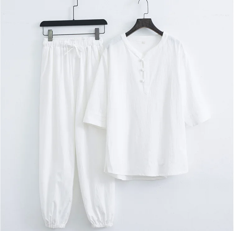 Baumwoll-Leinen-Kleidungsset im Zen-Stil für Männer und Frauen, lässig, bequem, atmungsaktiv, Sommermode, traditionell chinesisch – Detail 17