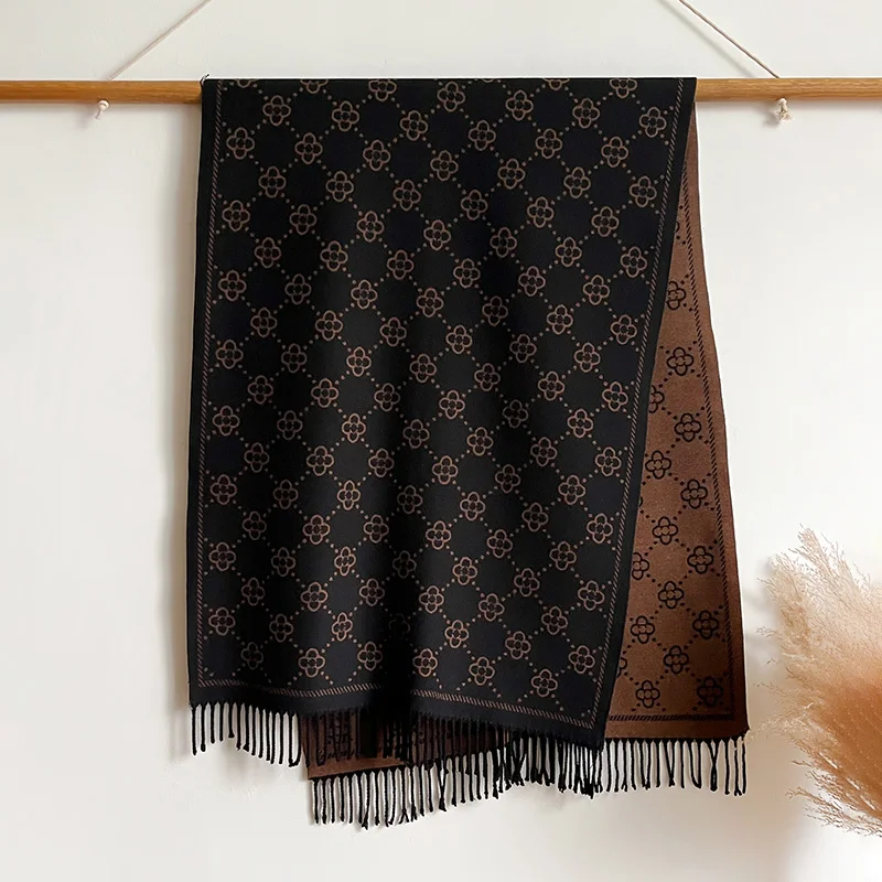 Marken-Jacquard-Design, zweiseitiger Winterschal, Kaschmir, weich, warm, lange Fransen, Pashmina-Schal, kältebeständig, winddicht, Deckenschal – Detail 13