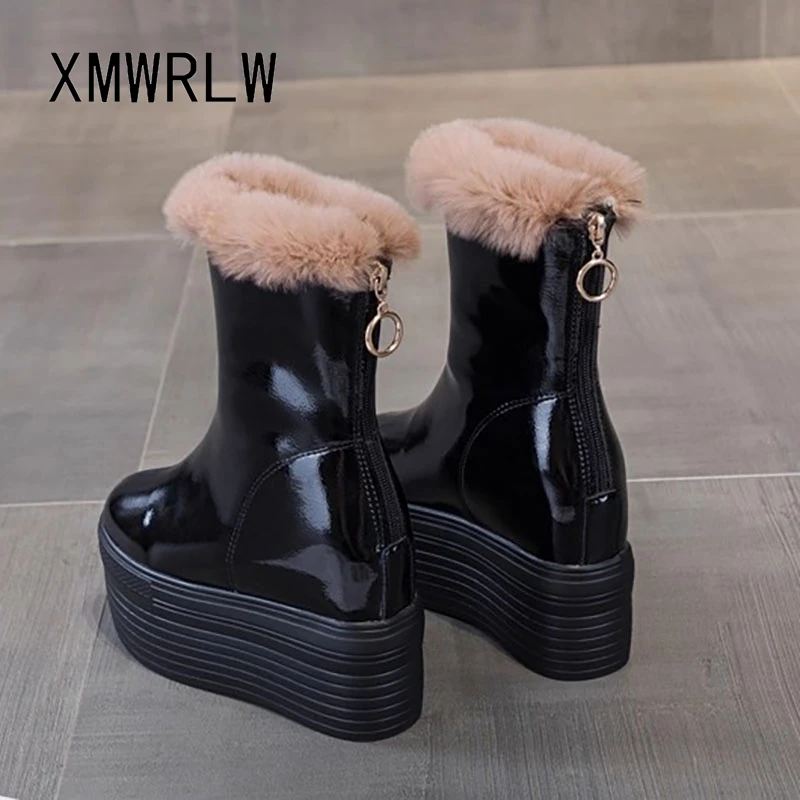 XMWRLW 2025 Winter Women Snow Boots Patent Leather Fashion High Heels Ladies Ankle Boots Warm Plush Women Winter Shoes Snow Boot view 3