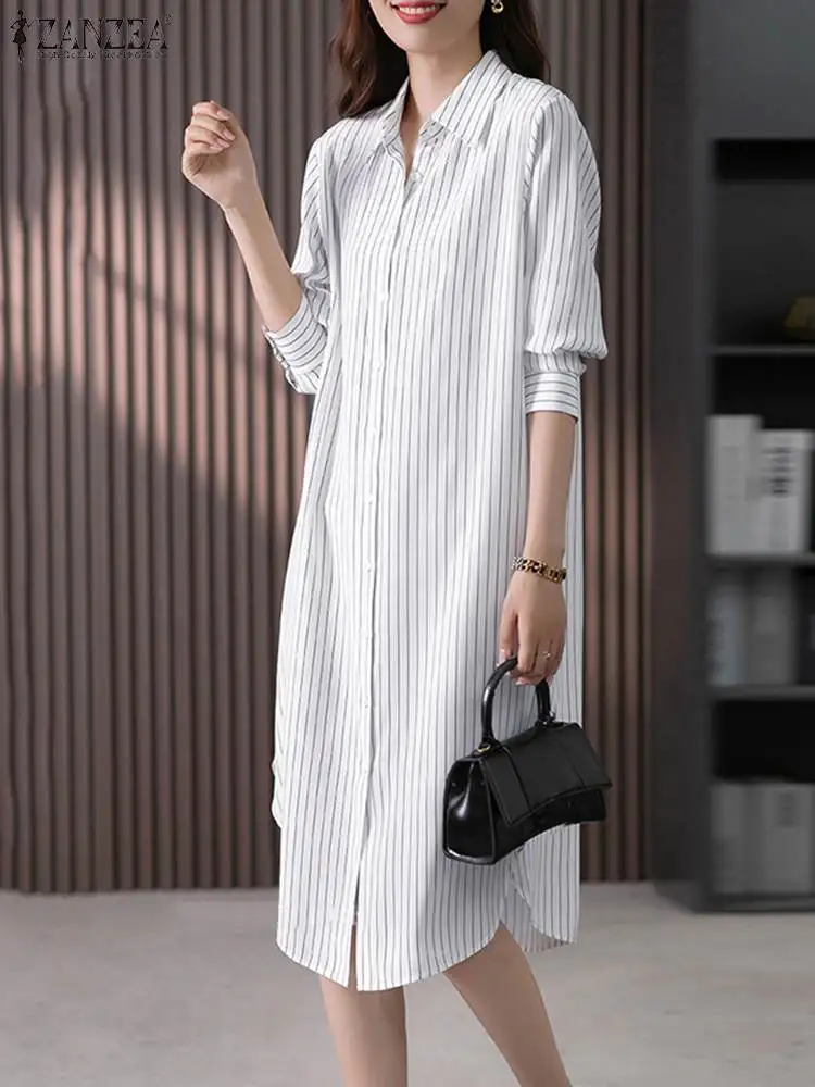 ZANZEA  Spring Kaftan Fashion Striped Shirt Dress Women Lapel Neck Full Sleeeved Midi Dresses Holiday Vestidos Work Robe Femme