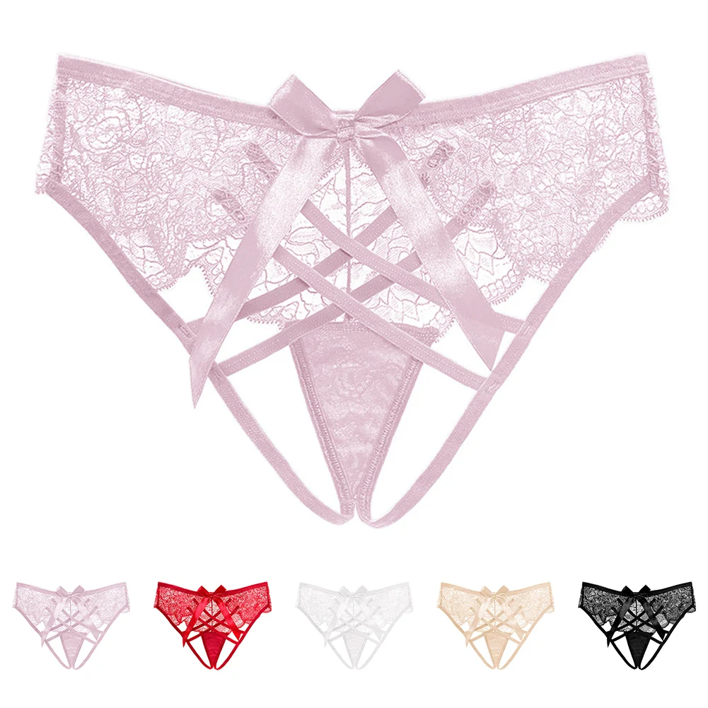 Women Crotchless Briefs Sexy Lingerie Open Crotch G Strings Lace Underwear T-Back Thong Bow Temptatio Erotic Lingerie Hollow Out