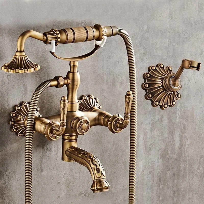 

Antique Brass Bathtub Shower Faucets Set Wall Mounted Bath Shower Set Swivel Tub Spout Bath Shower Dual Control Carved Mixer Tap