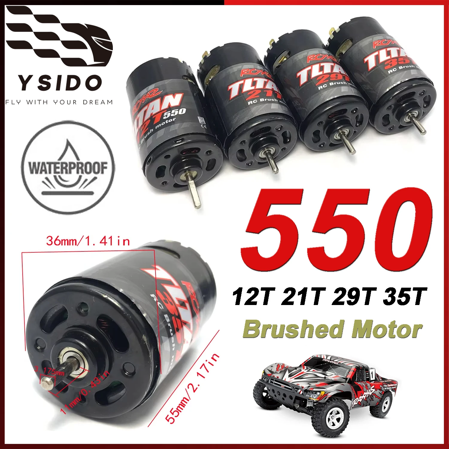 YSIDO 550 Brushed Motor Waterproof 12T 21T 29T 35T for 1:10 RC Crawler Axial SCX10 AXI03007 JL 90046 TRX4 TRX6 RC Parts