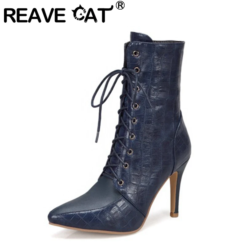 REAVE CAT 2021 Sexy Ladies Mid Calf Boots Texture Lace Up Thin Heel Short Plush US19 Red Blue Black Yellow A4512