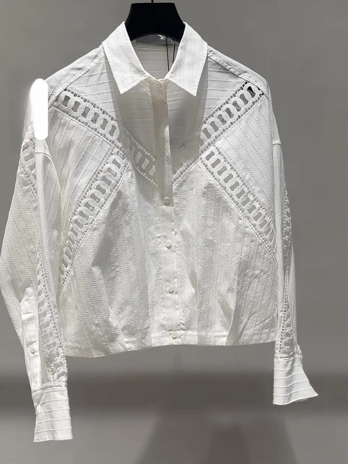 

Elegant Long Sleeve Embroidered Hollow out Texture Sensation White Shirt Women's Comfortable Breathable Cotton Spring Summer