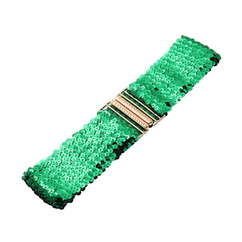 60cm Elastic Sequin Stretch Belt Eye Catching Gold Buckle Disc Shinny Waistband Versatile Professional Women's Belt Dresses
