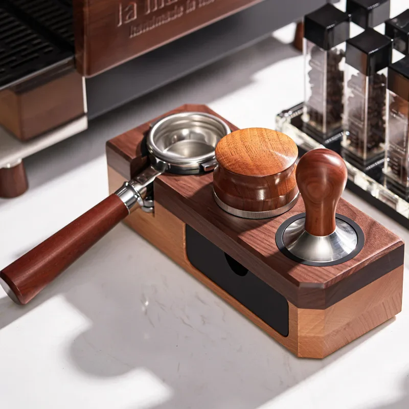 Solid Wood Coffee Tamper Stand with Handle Bracket Hand Utensil Powder Distributor Base Accessories Set Coffee Machine Storage