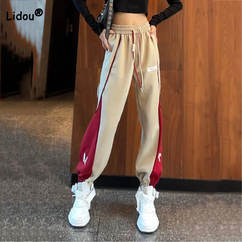 Primavera outono casual cor contraste atadura sweatpants todos os jogos apliques bolsos solto retalhos harem jogger calças tendência