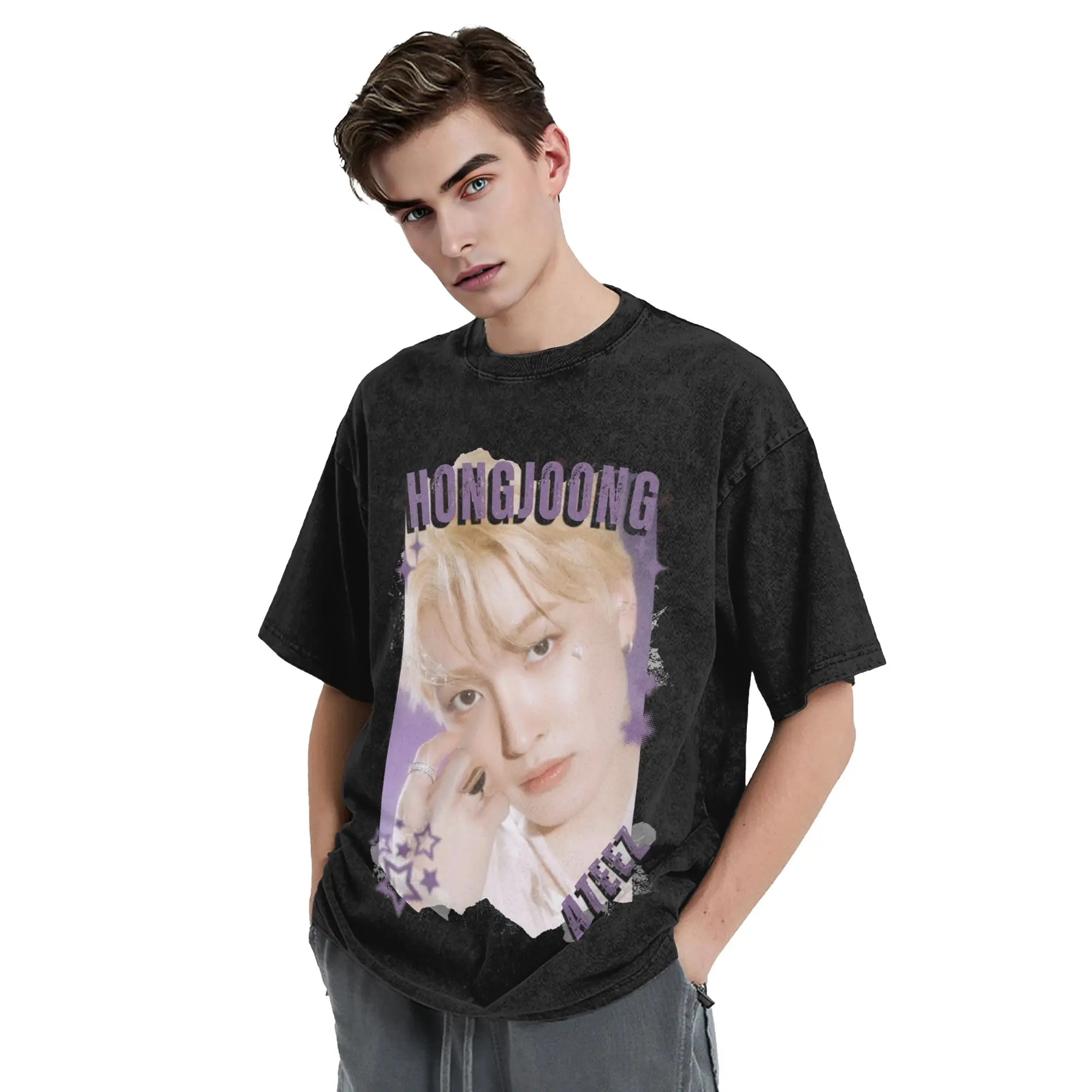 Kpop Boy Group A-Ateez Hongjoong Washed T Shirts Streetwear  T-Shirt  Tees Tops for Men Women 100% Cotton High Street Summer