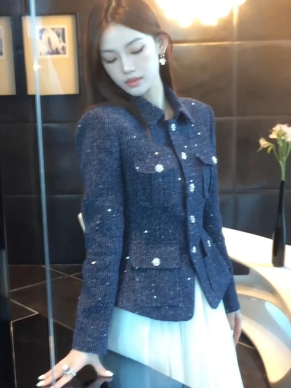 

Женское твидовое пальто Blue Metal Bule Thiened, осенне-зимний новый облегающий высококачественный модный топ