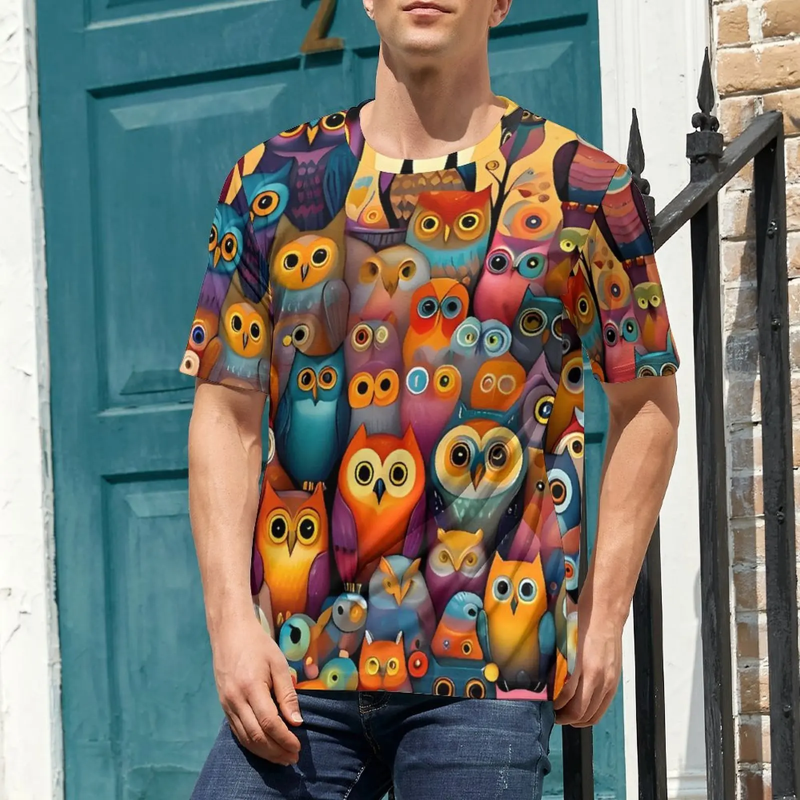 Summer T Shirt Colorful Bold Owl Print T Shirts  Kawaii Fashion Tees For Male Short-Sleeved Custom Plus Size Tops