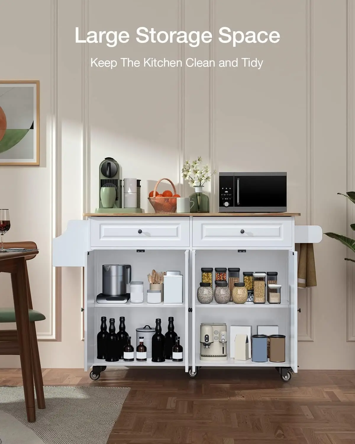Mobile Kitchen Island Cart with Rubber Wood Top & Double Storage Cabinet Drawers, White, Customized