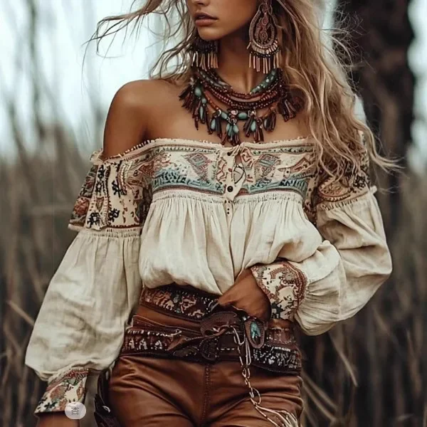 Retro Western Cowgirl Damenhemd Ethnisch Bedrucktes Bohemian-Oberteil Einschultriges Hemd – Detail 2
