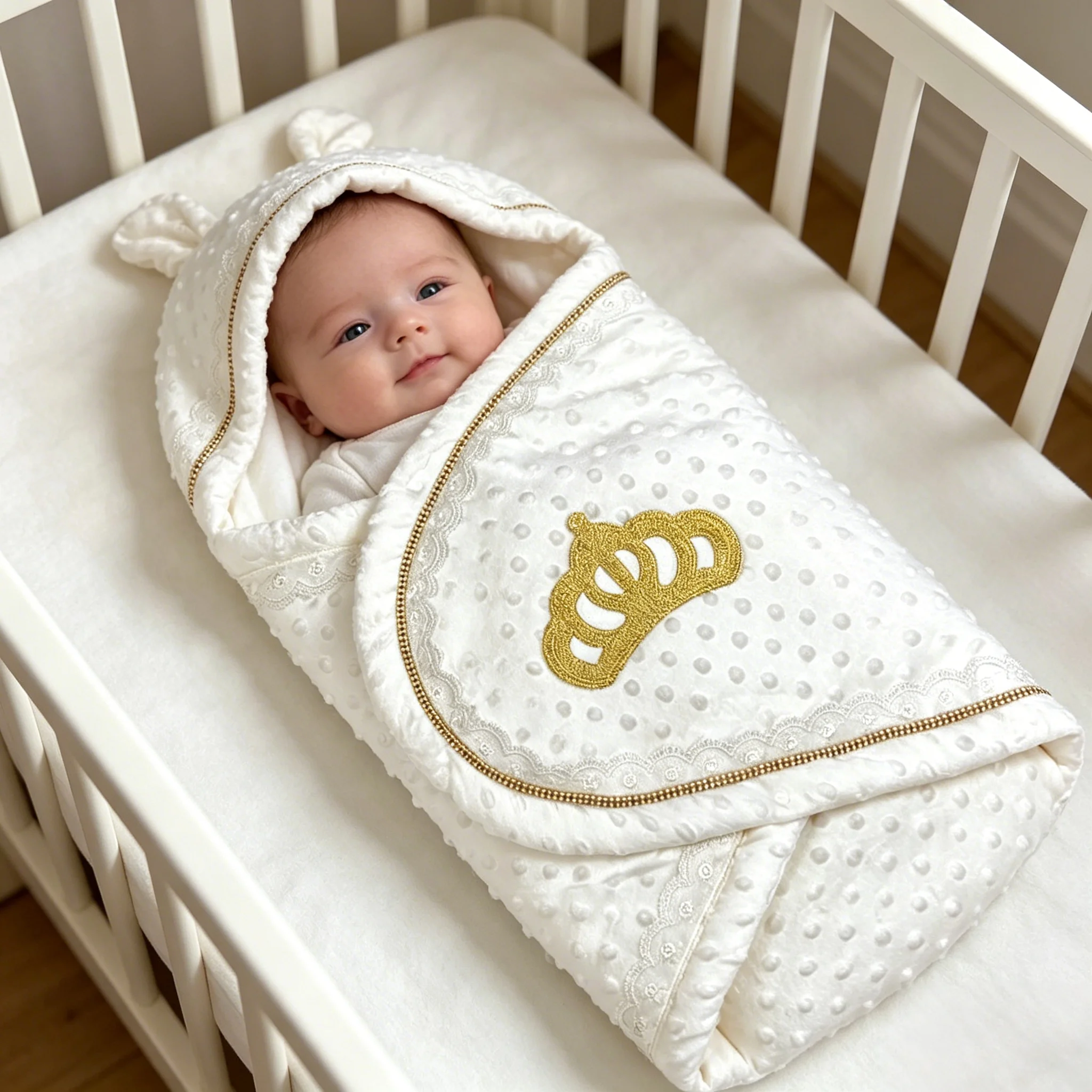 Elegant Lace Trim Newborn Blanket Golden Crown Soft Minky Fleece Infant Wrap for Monthly Milestone Photoshoot