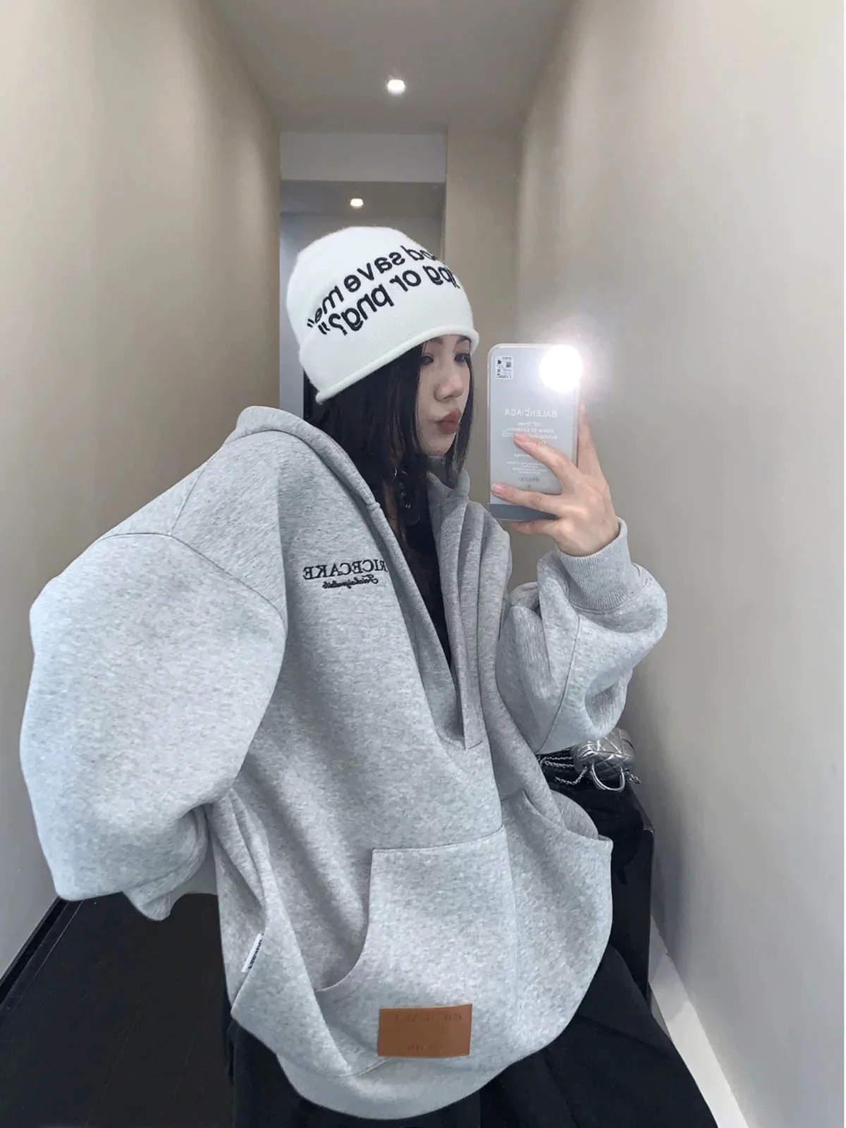 

American Embroidered V-neck Hoodie Women's Autumn Vintage Oversize Off Shoulder Baggy Pullover Fashion Female Clothes