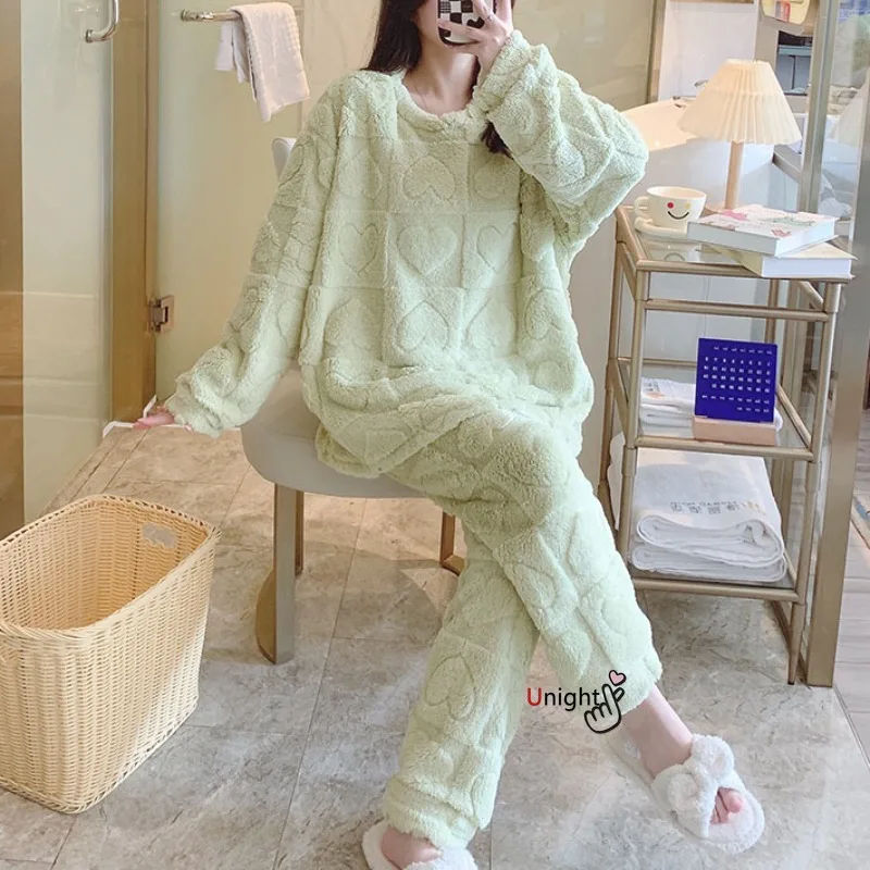 Women Warm Pajamas Sets Winter Thick Winter Coral Fleece Sleepwear Flannel Plus Size Pyjamas Night Wear Home Clothes M-6XL