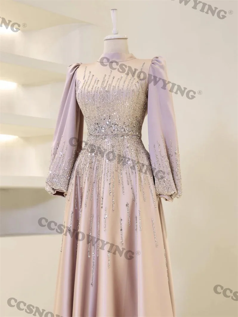 Satin Appliques Beaded Muslim Evening Dresses Islamic Long Sleeve Formal Party Gown Prom Dress Arabic Dubai Women Robe De Soiree