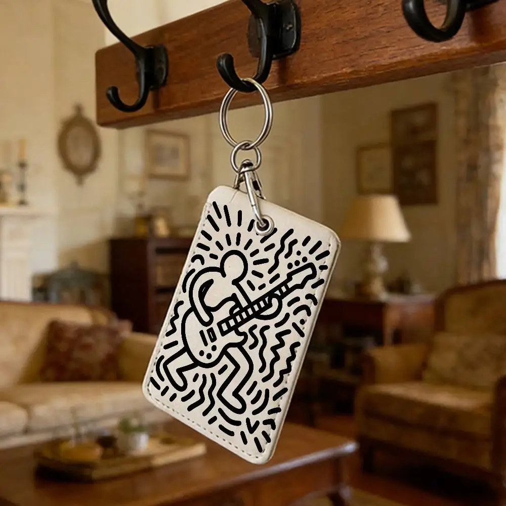 Pop Art K-Keith Haring Rechteckiges Ausweishüllen-Schlüsselanhänger-Set, Kartenetui, Schlüsselanhänger, Leder-Kartenhalter, Schlüsselring, Ausweishalter – Detail 10