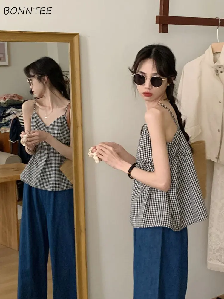 Plaid Camisole Women Baggy Sweet Preppy Style Summer Sleeveless Literary Chic Classic Girlish Backless V-neck Simple Crop Tops