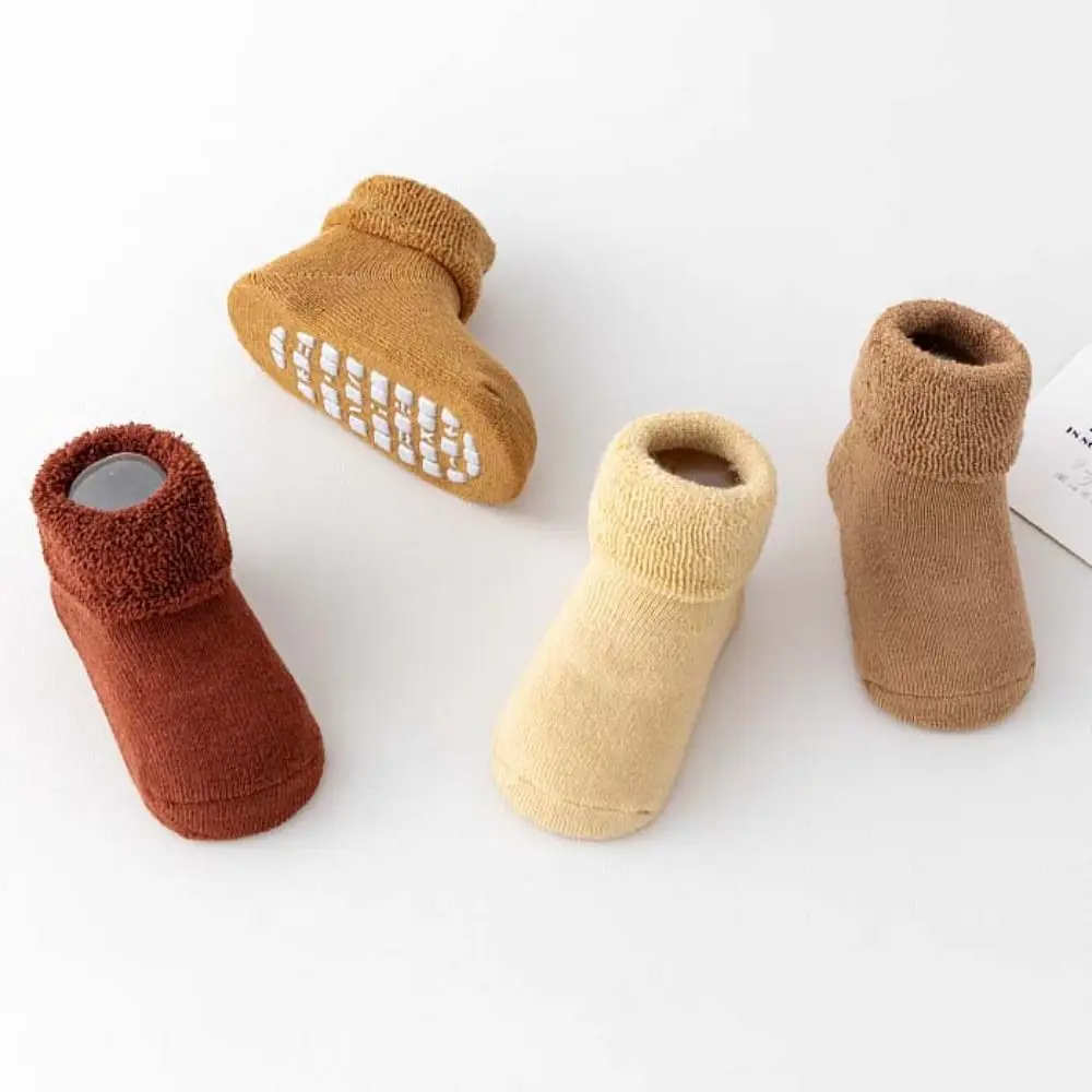 4Pairs Solid Color Thicken Baby Socks Anti-slip Winter Autumn Infant Learning Walk Socks Warm Baby Hosiery Home Sleep Socks