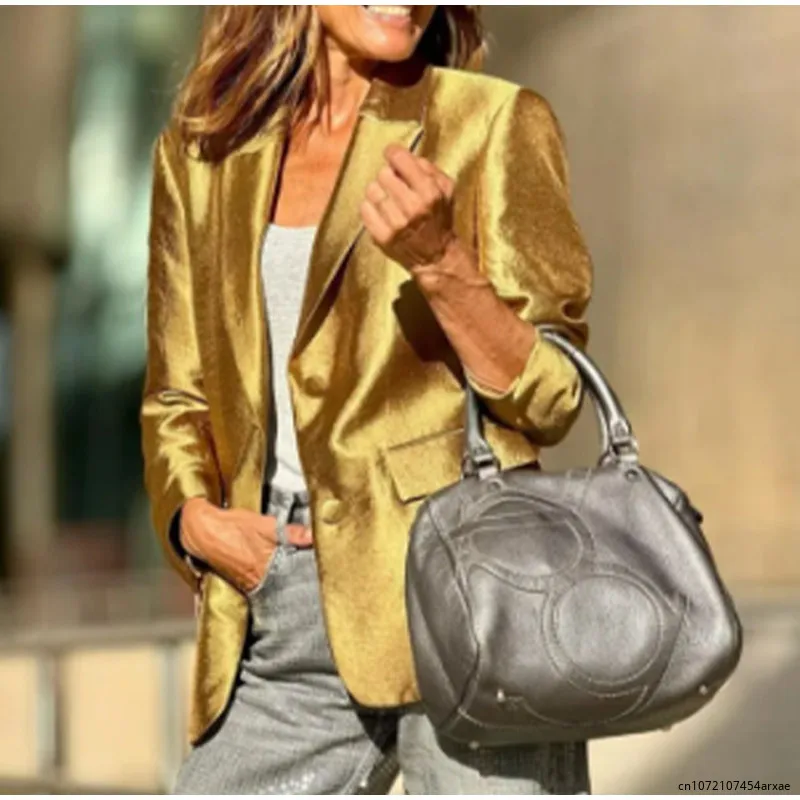 Hight Street Gold Blazer Jasje Vrouwen Lange Mouw Gekerfde Enkele Rij Knopen Zak Vrouwelijke Jassen 2024 Herfst Elegante Damesjas