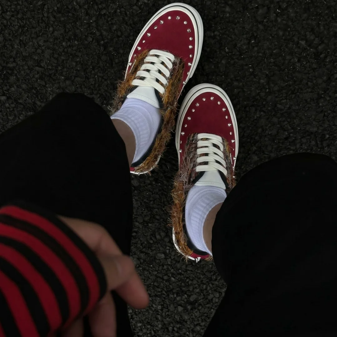 Rivet Rhinestone Brown Red Color Block Mohair Punk Vintage Dirty Skate Shoes for Men Women, Trendy Street Couple Low Top Casual