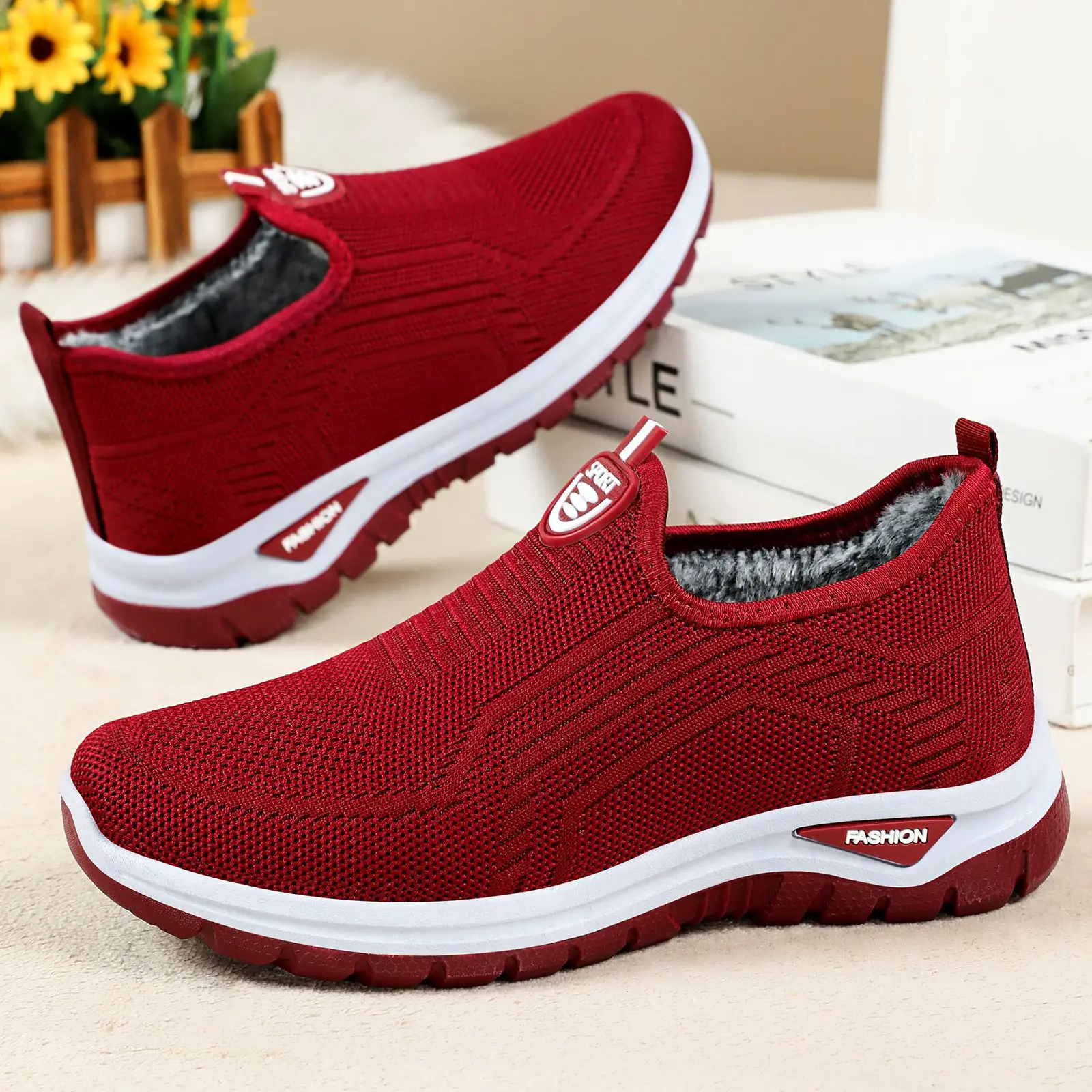 New wedge heel plush shoes women's knitted flats elderly woman casual daily shoes slip on grandma walking shoes plush size 42 43