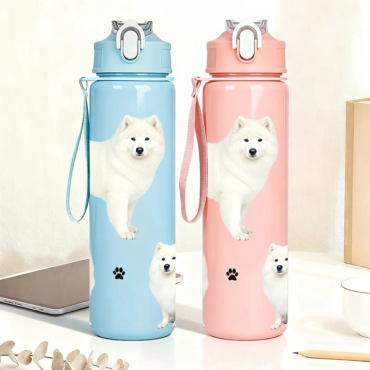 Botella de agua con estampado Samoyed de 750ml, a prueba de fugas, con tapa abatible, jarra de agua deportiva portátil para estudiantes, taza para beber en el gimnasio al aire libre con cordón
