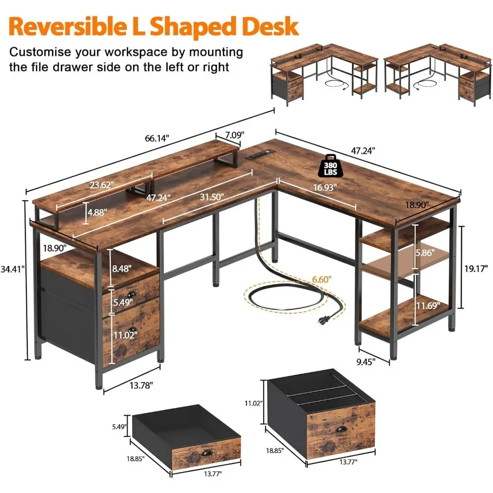 66" L-shaped desk, socket, file drawer, computer desk with 2 monitor arms, corner desk for game writing with storage shelves