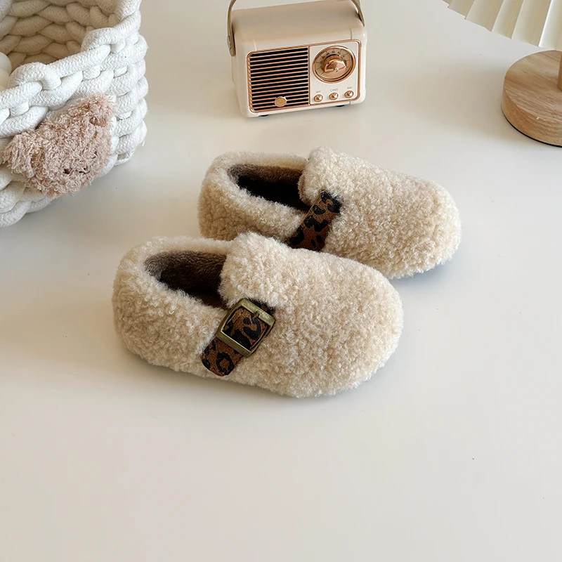 Children Cotton Shoes 2025 Winter New Leopard Round Toe Warm Plush Comfortable Non Slip Flat Shoes Furry Girls Princess Shoes