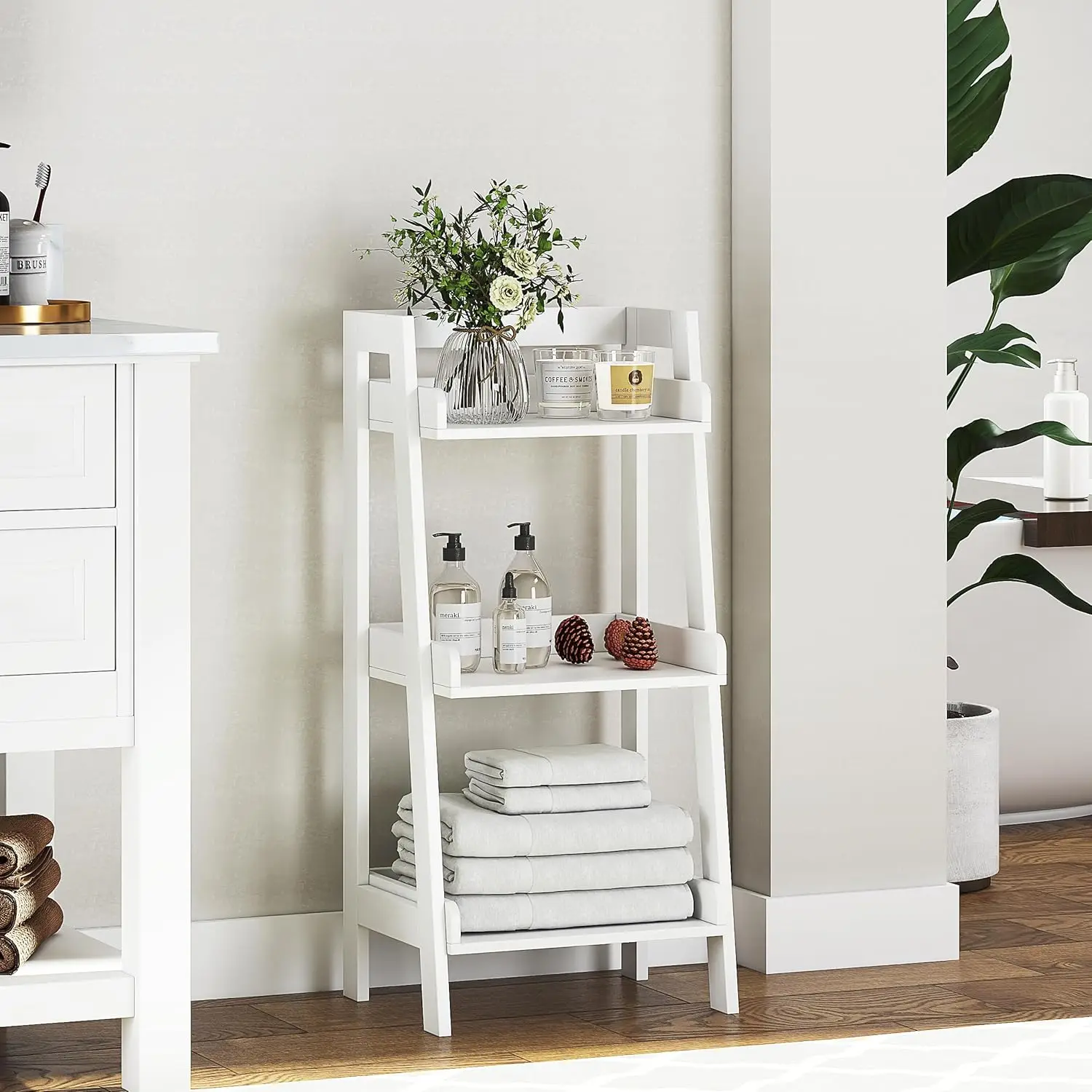 

3-Tier Ladder Shelf Freestanding, Bathroom Storage Open Wood Shelving Unit with 3 Fixed Shelves for Small Spaces (White)