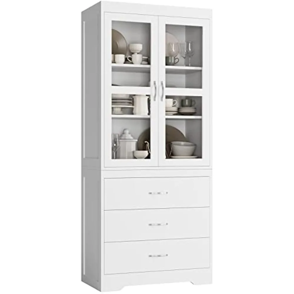 White Kitchen Pantry Cabinet, 67’’ Tall Storage Cabinet with 2 Tempered Glass Doors, Modern Kitchen Cupboard Large Floor