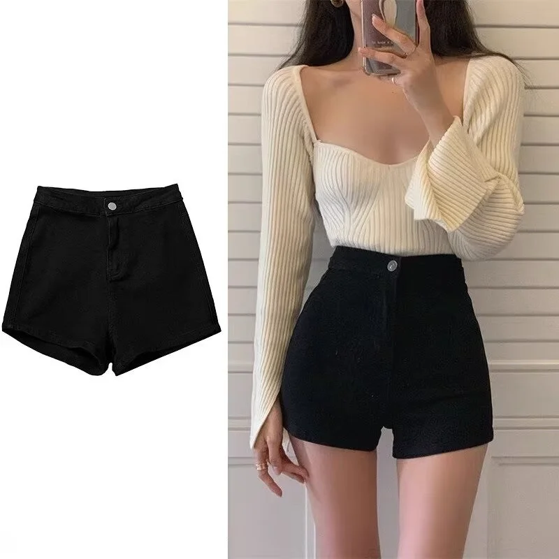 

Прямая джинсовая юбка с высокой талией, женская летняя утягивающая эластичная юбка трапециевидной формы, шорты, хлопковая эластичная ткань