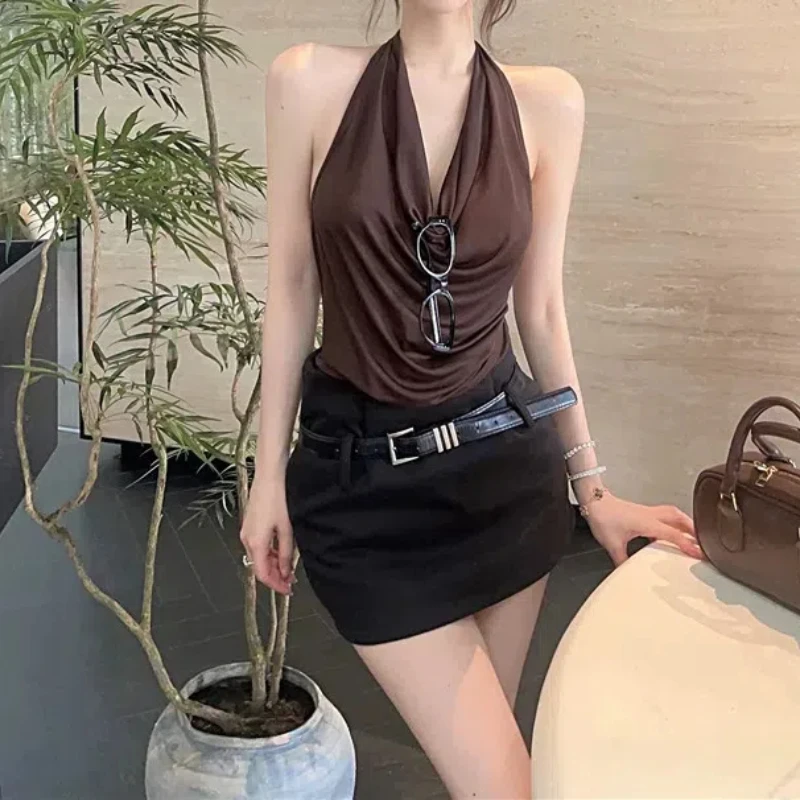 Women\'s Clothing Solid Color Pullover Halter Sleeveless Summer V-Neck Pile Collar T-shirt Casual Sexy Fashion Vintage Tops