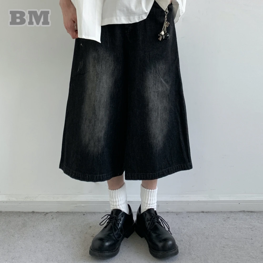 

Japanese Vintage Distressed Denim Cropped Pants Unisex Wide Leg Summer Lightweight Washed Streetwear Casual Jeans Men Women